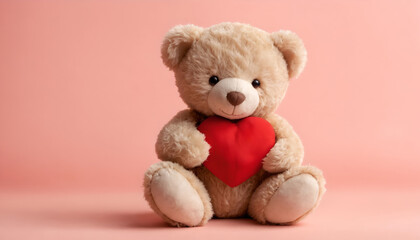 Obraz premium Teddy Bear Holding a Heart, This image features a cute teddy bear sitting on a pink background. 