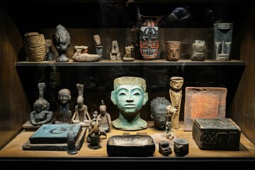 Ancient artifacts displayed; diverse materials, carved figures.