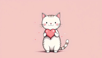 Cute Cat with a Heart Balloon, This image features a cute cartoon cat holding a heart-shaped balloon.