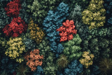 Vibrant aerial view of diverse foliage in autumn colors across a forested landscape