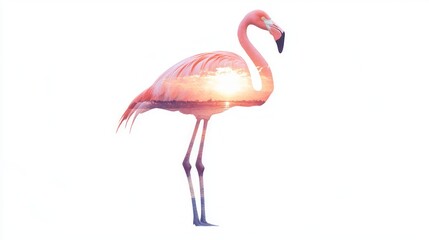 Fototapeta premium Ethereal Flamingo Silhouette in Watercolor Double-Exposure - Ultra-Detailed Digital Artwork with Sunset Reflections on Wetlands Inside Bird's Form on White Background