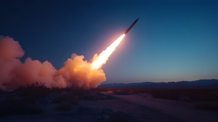 Fototapeta premium Missile launch, night sky, desert landscape, fiery rocket trail, bright illumination, smoky exhaust, long exposure, dramatic lighting, military test, technological power, vast horizon