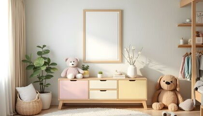 Habitación infantil acogedora con marco de póster, juguetes y decoración cálida