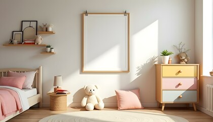 Habitación infantil acogedora con marco de póster, juguetes y decoración cálida