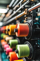 Spools of Colored Thread in a Textile Factory with Machinery