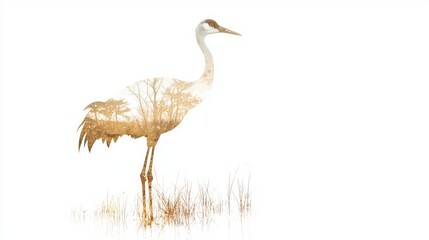 Naklejka premium Majestic Sandhill Crane Double-Exposure Watercolor Artwork on White Background with Intricate Marsh Scene Inside Silhouette - Ultra-Detailed Illustration