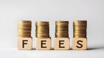Wooden letter blocks spelling "FEES", stacks of gold coins, financial concept, neutral background, close-up photography, symmetrical composition, investment theme, monetary charges, banking imagery