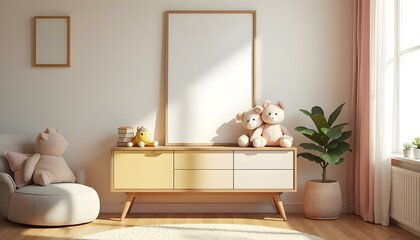 Habitación infantil acogedora con marco de póster, juguetes y decoración cálida