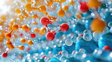 Enzyme and protein molecular system highlighted with glowing digital particles