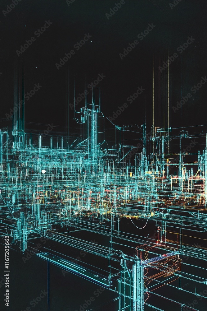 Poster a futuristic rendering of smart high-voltage power grids with advanced blueprint overlays.