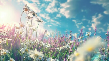 Obraz premium Beautiful, sun-drenched spring summer meadow. Natural colorful panoramic landscape with many wild flowers of daisies against blue sky with clouds,
