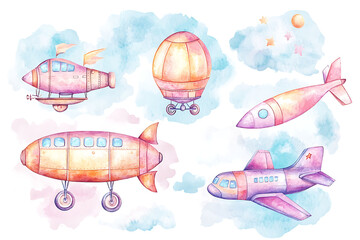 A whimsical illustration of various flying vehicles in soft pastel colors.