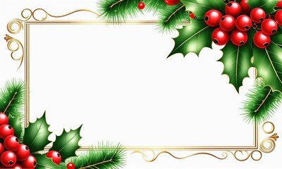 Festive holiday frame with holly berries and pine leaves