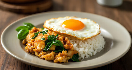 Stir-fried rice with basil chicken and a perfectly cooked fried egg Thai Food
