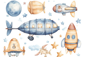 A whimsical collection of watercolor space-themed illustrations featuring rockets and celestial bodies.