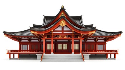 Fototapeta premium Traditional Japanese temple architecture, ornate red wooden structure, curved roof, symmetrical design, intricate details, golden accents, pagoda style, East Asian cultural landmark, isolated on white
