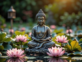 Obraz premium Serene Buddha Statue Meditating Amidst Pink Lotus Flowers in Peaceful Pond