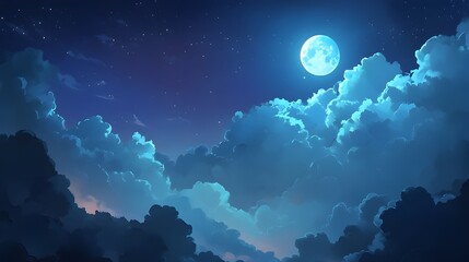 Night sky, full moon, glowing clouds, ethereal atmosphere, silhouetted treetops, dreamy landscape, magical ambiance, blue hues, celestial scene, mystical forest, luminous moonlight, surreal lighting