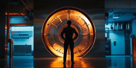 A silhouette stands before a massive vault door, illuminated by warm and cool lights. The atmosphere is tense and mysterious. This image captures the essence of security and secrecy. AI