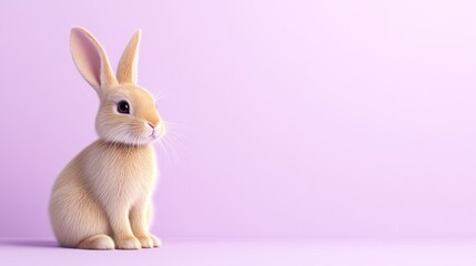 A cute rabbit sitting against a soft purple background.