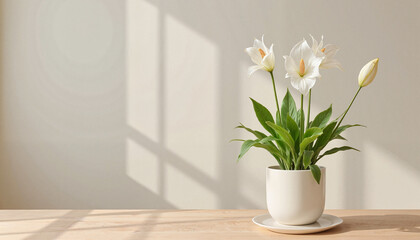 White peace lily in minimalist indoor space, symbol of tranquility