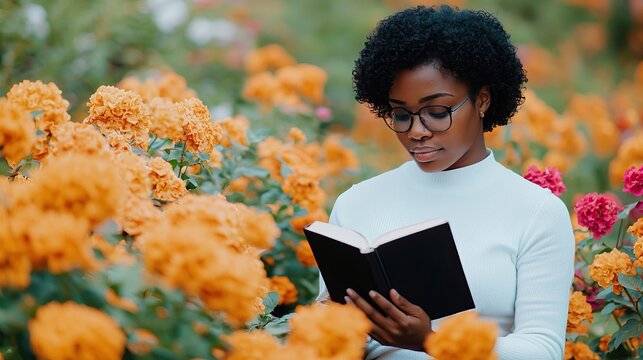 Peaceful Escapes: Travel Experiences for the Mind and Soul. A woman reads a book in a vibrant flower garden, surrounded by bright orange blooms, creating a serene and enchanting atmosphere.