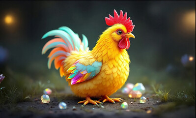 Reimagine the rooster in a bold pop art style with vibrant colors exaggerated features