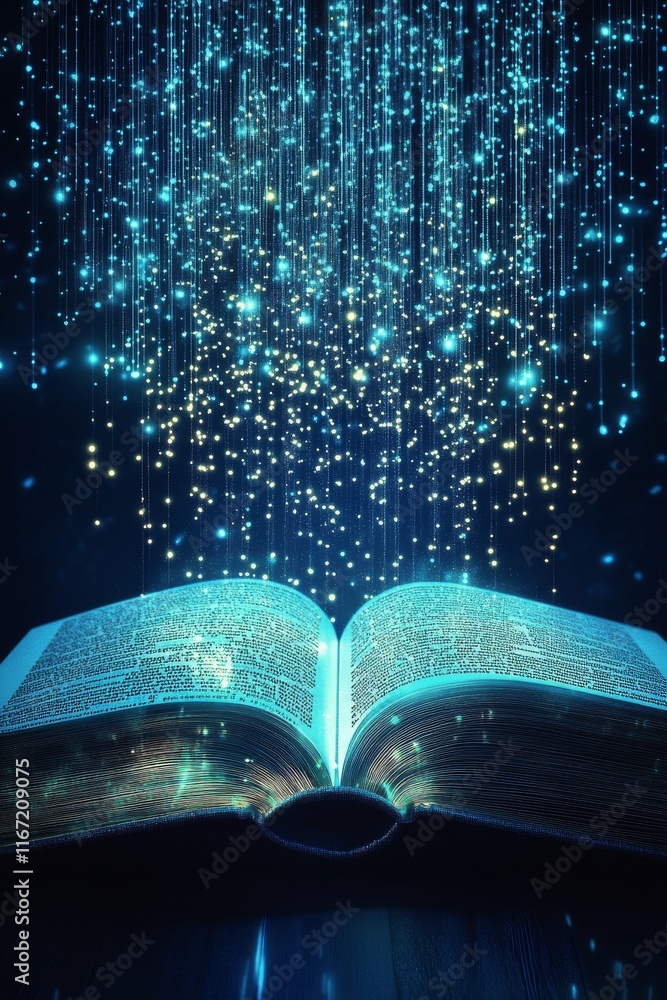 Poster enchanting book with glowing pages and floating letters in dark atmosphere