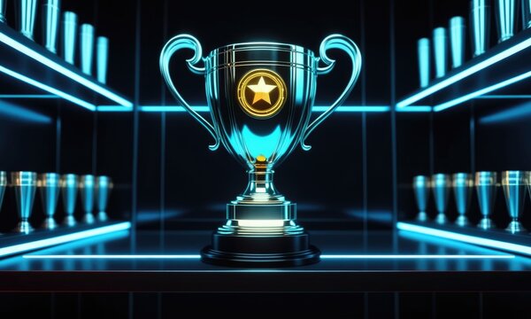 Shiny silver trophy in a futuristic neonlit room displaying achievement