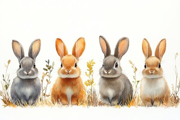 Obraz premium Four cute rabbits in a grassy setting, showcasing their distinct colors and expressions.
