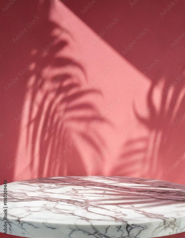 Wall mural abstract studio with pink background for product presentation. empty room with window shadows, flowe