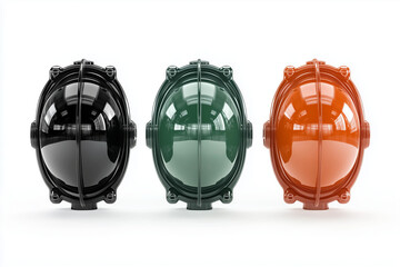 Traffic lights in a minimalist style showcasing black, green, and orange signals against a bright backdrop