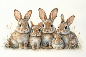 Obraz premium A charming illustration of five cute rabbits sitting together in a grassy setting.