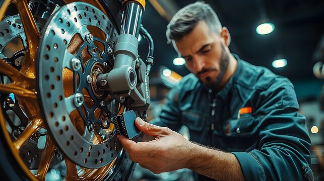 A skilled motorcycle technician carefully inspecting and repairing the brake pads of a motorcycle in a well equipped workshop