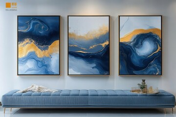 Abstract Blue and Gold Marbling Art Triptych in Elegant Frames for Modern Interior Decor