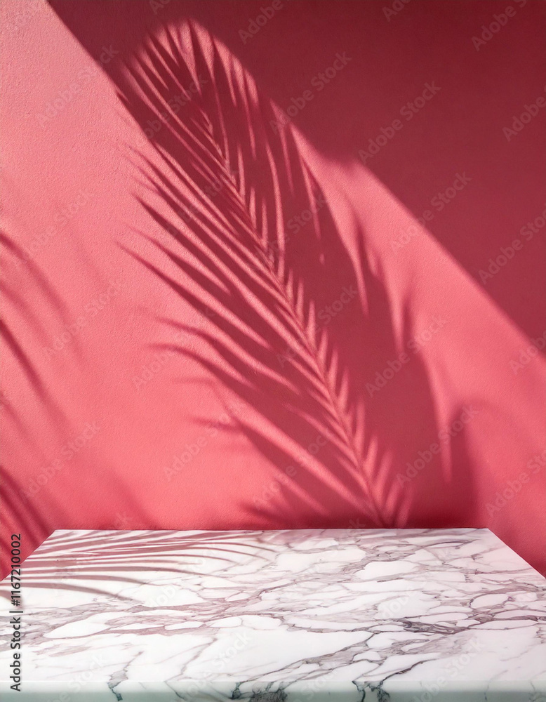 Wall mural abstract studio with pink background for product presentation. empty room with window shadows, flowe