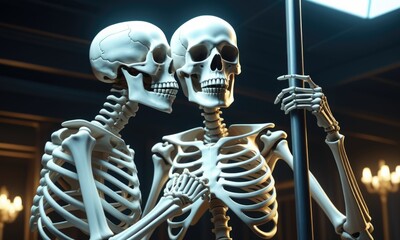 Skeleton dance party: two skeletons celebrating in a nightclub setting