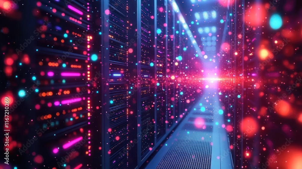 Poster futuristic data center cyberpunk cloud computing infrastructure and high-speed network connectivity