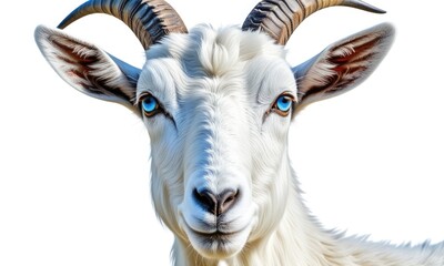 Closeup of white goat with blue eyes and curved horns against white background
