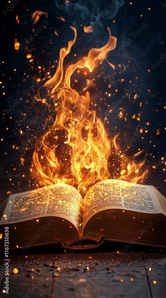Aufkleber magical flames ignite from open book creating an enchanting atmosphere in dark setting