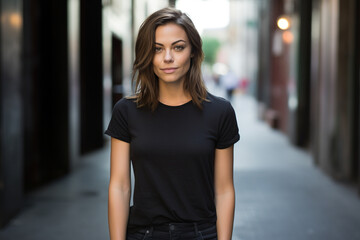 Fototapeta premium Bold Simplicity: A Confident Woman in a Black Crew Neck T-Shirt