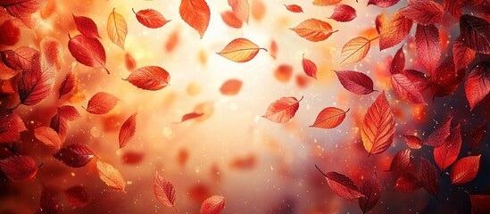 Vibrant autumn leaves background with orange and red foliage and soft bokeh light for seasonal decoration