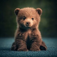 Fototapeta premium Cute brown bear cub sitting on blue fabric in a forest setting during daylight