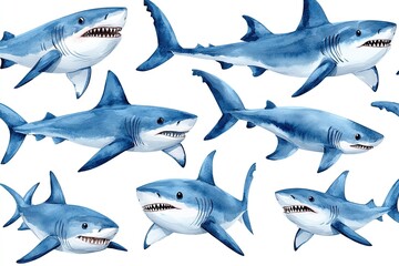 Fototapeta premium A pattern of illustrated sharks in various poses and angles.