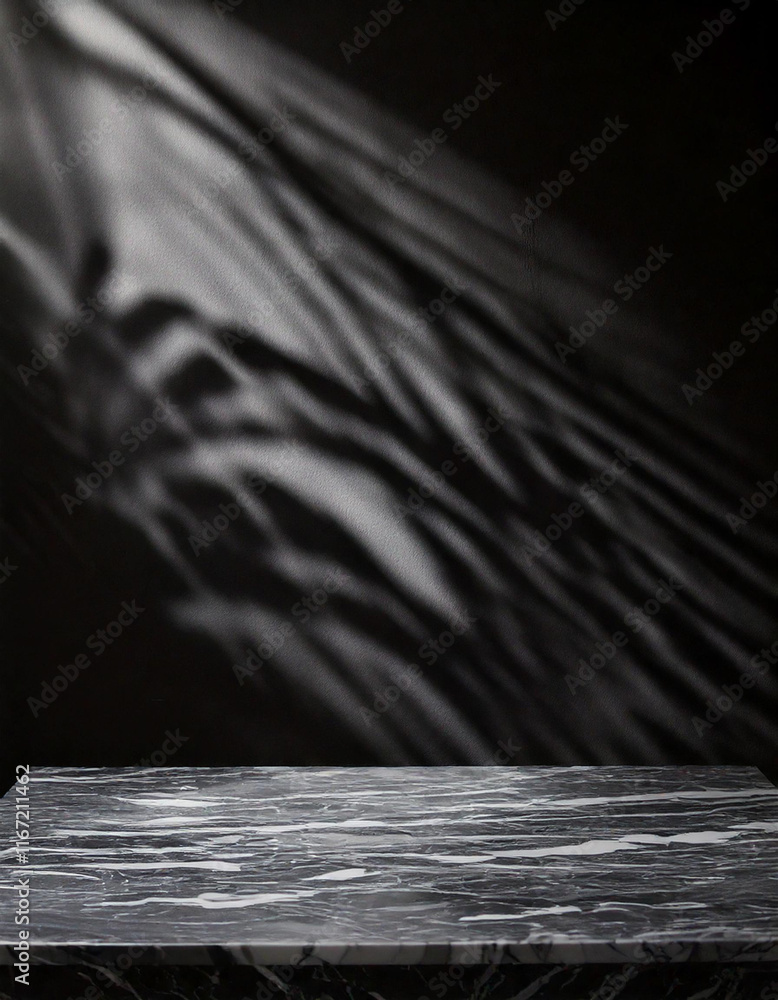 Wall mural abstract studio with black background for product presentation. empty room with window shadows, flow