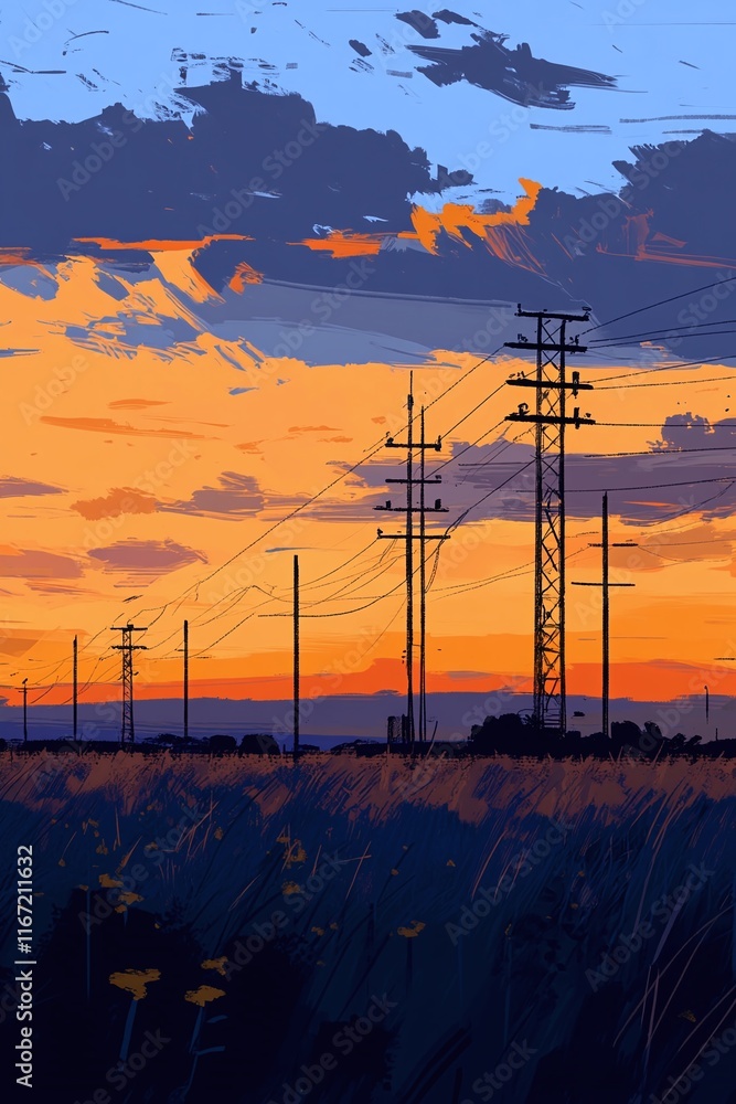 Poster a sunset view of high-voltage lines over farmland with load capacity schematics displayed.