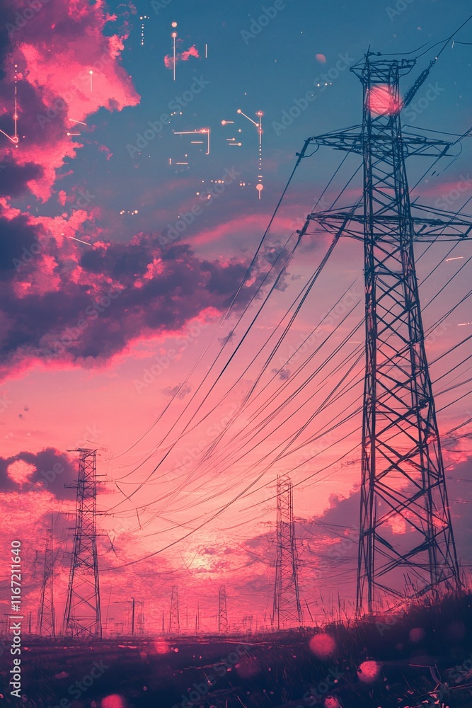 Poster a sunset view of high-voltage lines over farmland with load capacity schematics displayed.