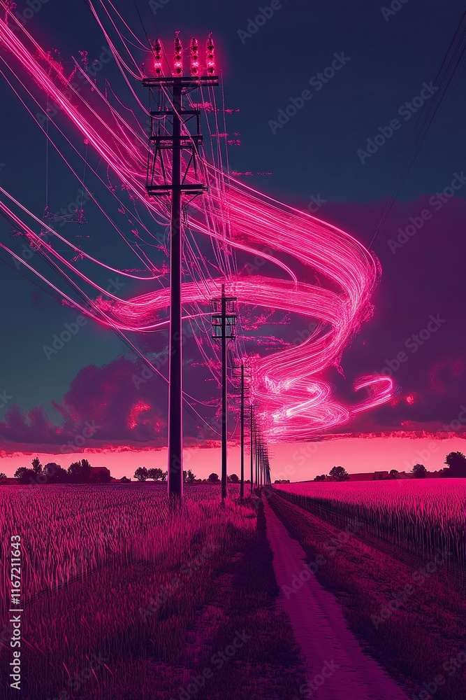 Poster a sunset view of high-voltage lines over farmland with load capacity schematics displayed.