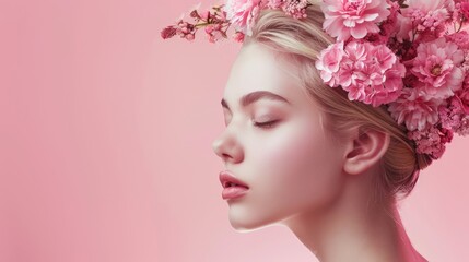 Fototapeta premium Beauty Art girl blonde with pink flowers in her hair and professional makeup, on a studio pink background banner with copy space. The concept of naturalness of cosmetic products and cosmetology.