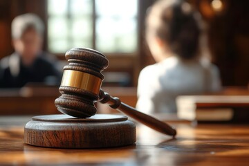 Close Up of a Wooden Gavel with Blurred Child in Background Legal Custody Courtroom Scene